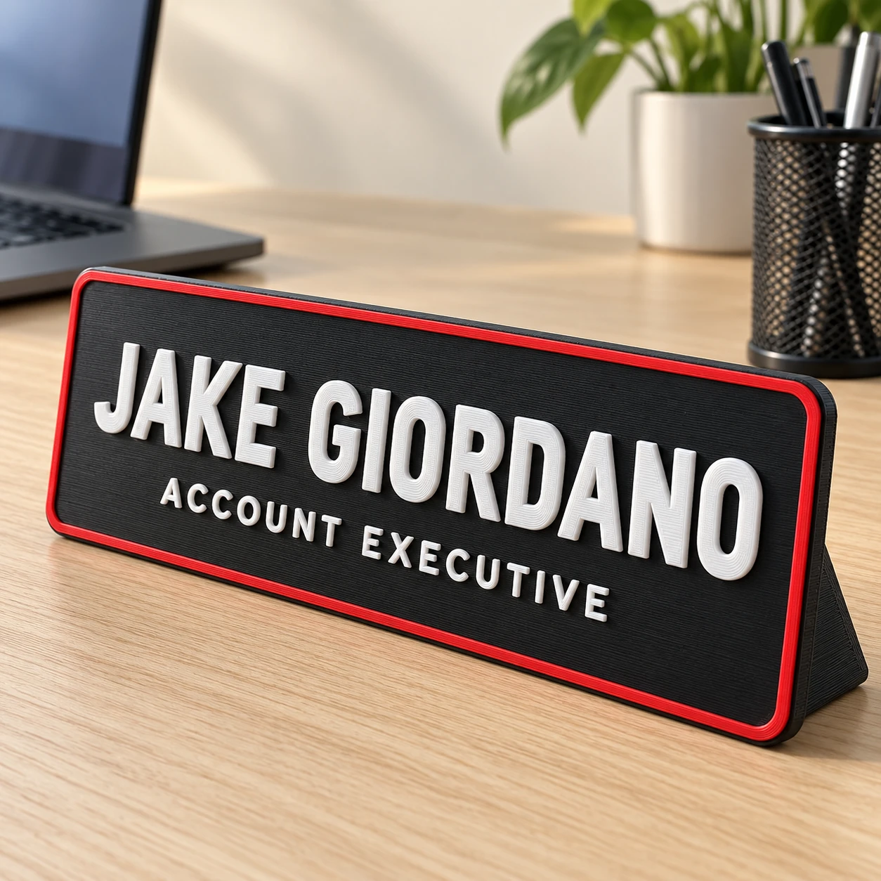 Black and red 3D printed desk name plaque